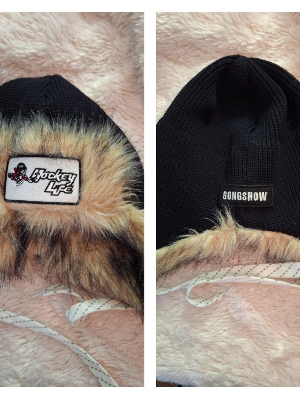 Gongshow Black Knit Trapper Hat with Faux Fur Trim and Skate Lace  Tie Up. NWOT